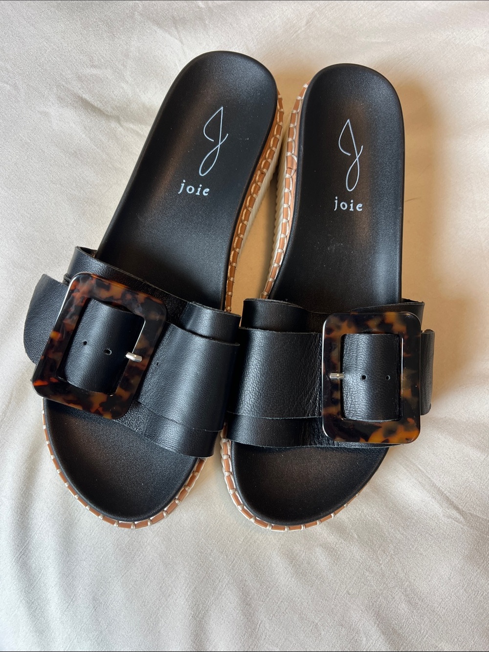 Joie Black Lyla Leather Slide Sandals with Tortoiseshell Buckle Accent 9 NWOT